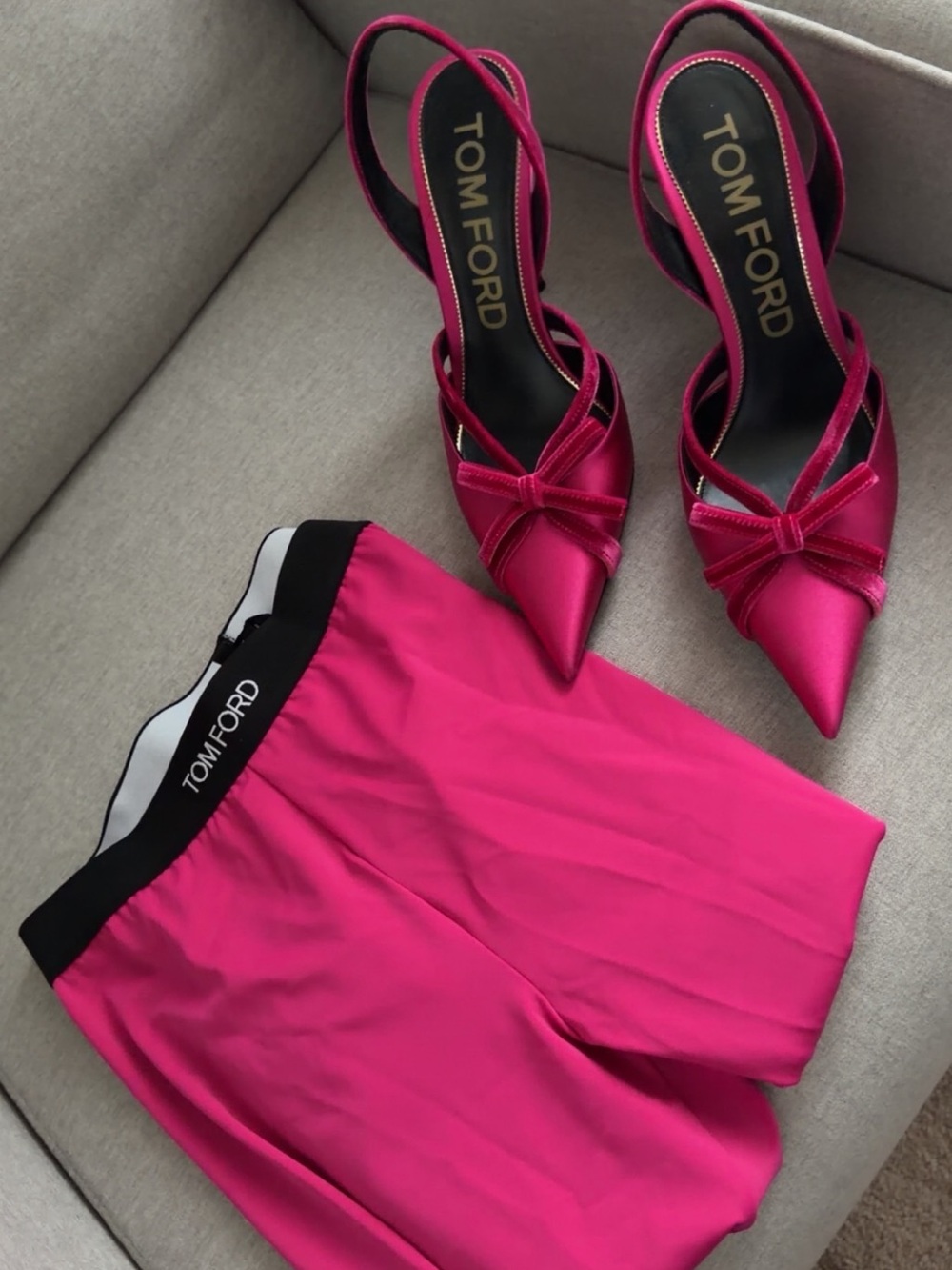 Tom Ford Fuchsia Satin Slingback Heels with Matching Fuchsia footed leggings